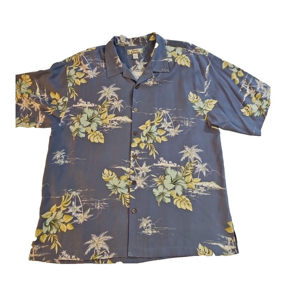 Tommy Bahama Hawaiian Silk Shirt Blue/Gray Short Sleeve Floral Leaves Size XL